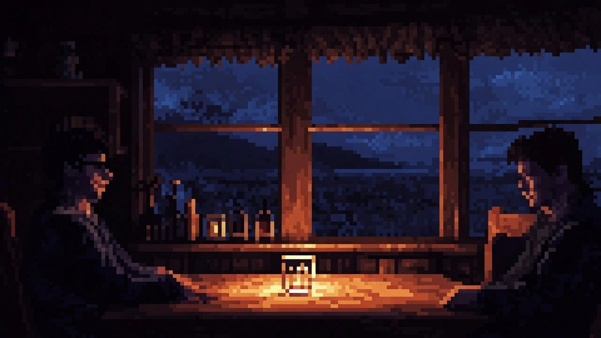 Two people at a cabin table under a warm amber lamp, cool night window beyond