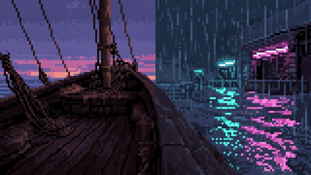 Dry ship deck opening onto a wet neon rain street under dual dusk and cool neon light.