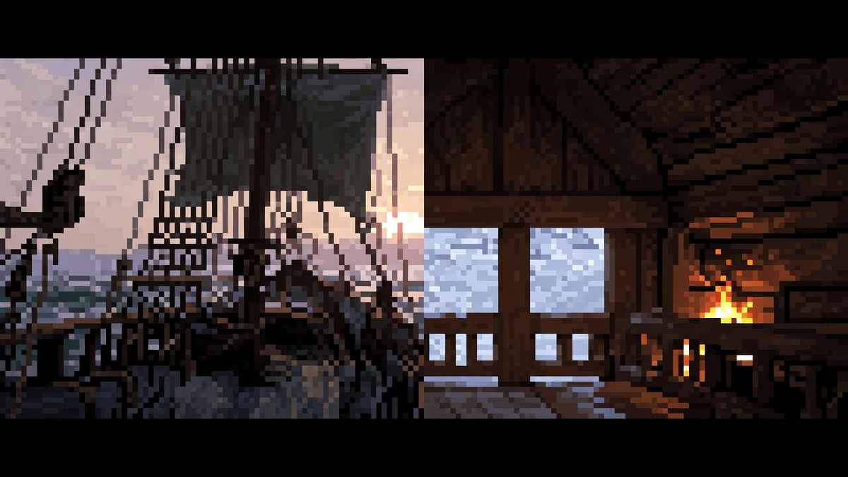 Dark-sail deck boards meeting an amber snow hall under dual cool and warm light.
