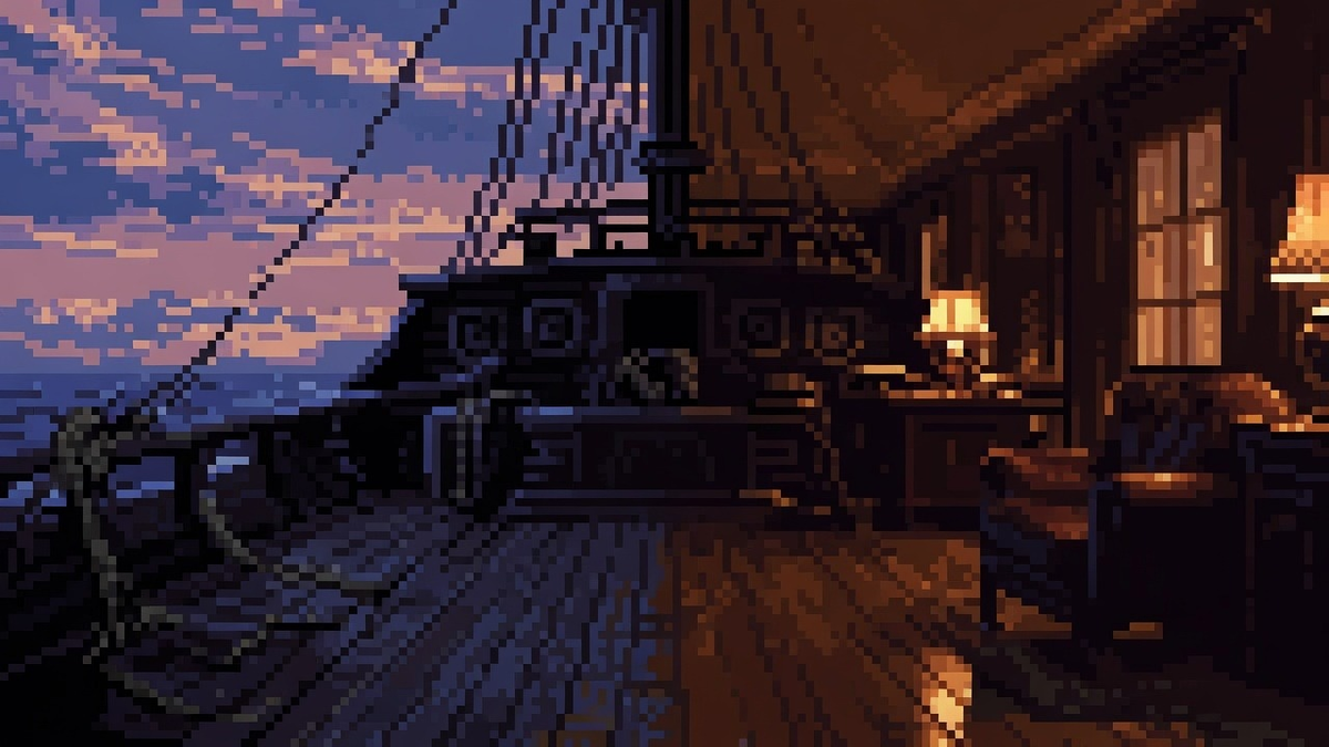 Ship deck at dusk melting into a lit parlor under dual cool twilight and warm lamp light.