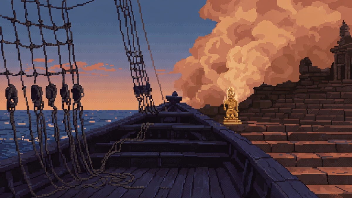 Weathered ship deck at dusk melting into a golden temple chamber under dual indigo twilight and amber incense smoke.
