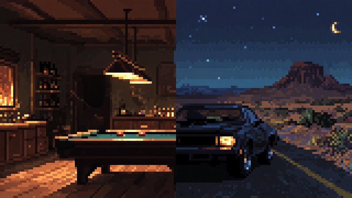 Dim billiard workshop melting into a desert night highway with a black muscle car under dual warm gold and cool highway light.