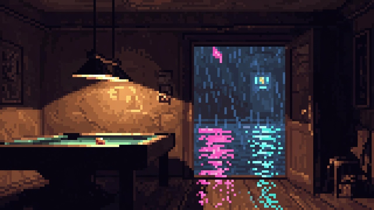 Dim billiard workshop opening onto a wet neon rain street under dual amber lamp and cool neon light.