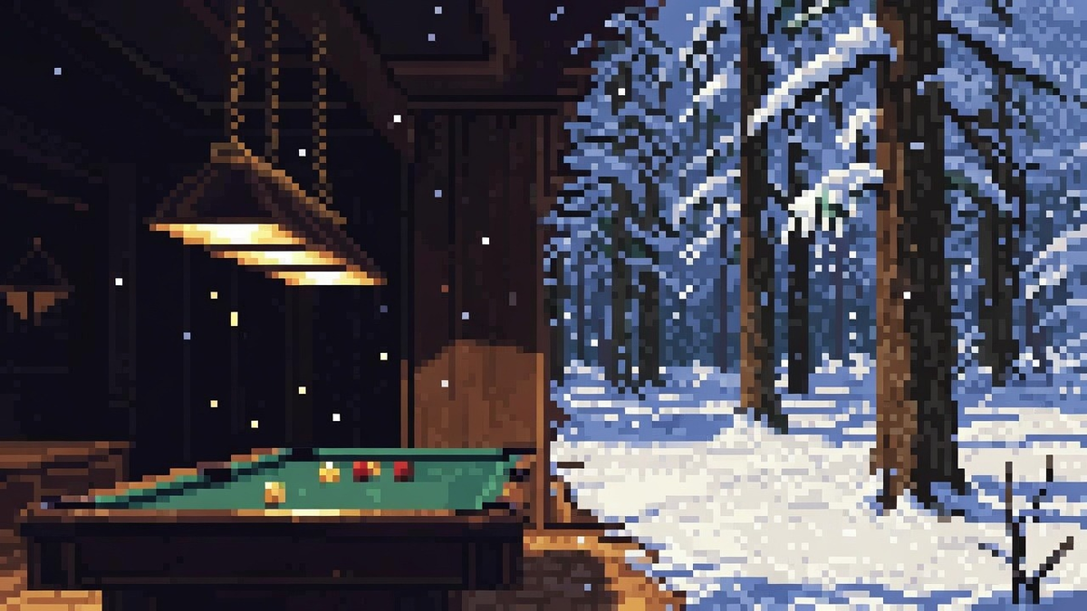 Dim billiard room melting into a snowy pine hall under dual amber lamp and cool winter light.