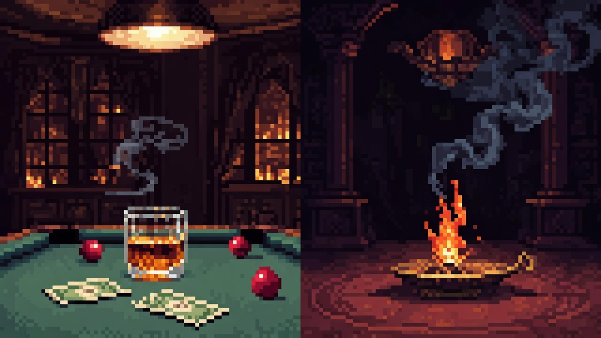 Dim billiard lounge beside a dark temple chamber under dual amber and resin lamp light.
