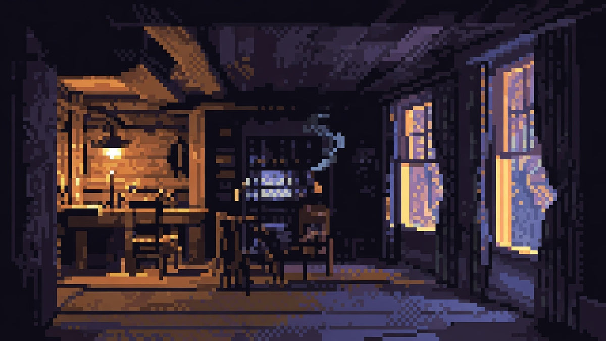 A cabin workshop that opens into a warm Gilded Age parlor in one continuous room.