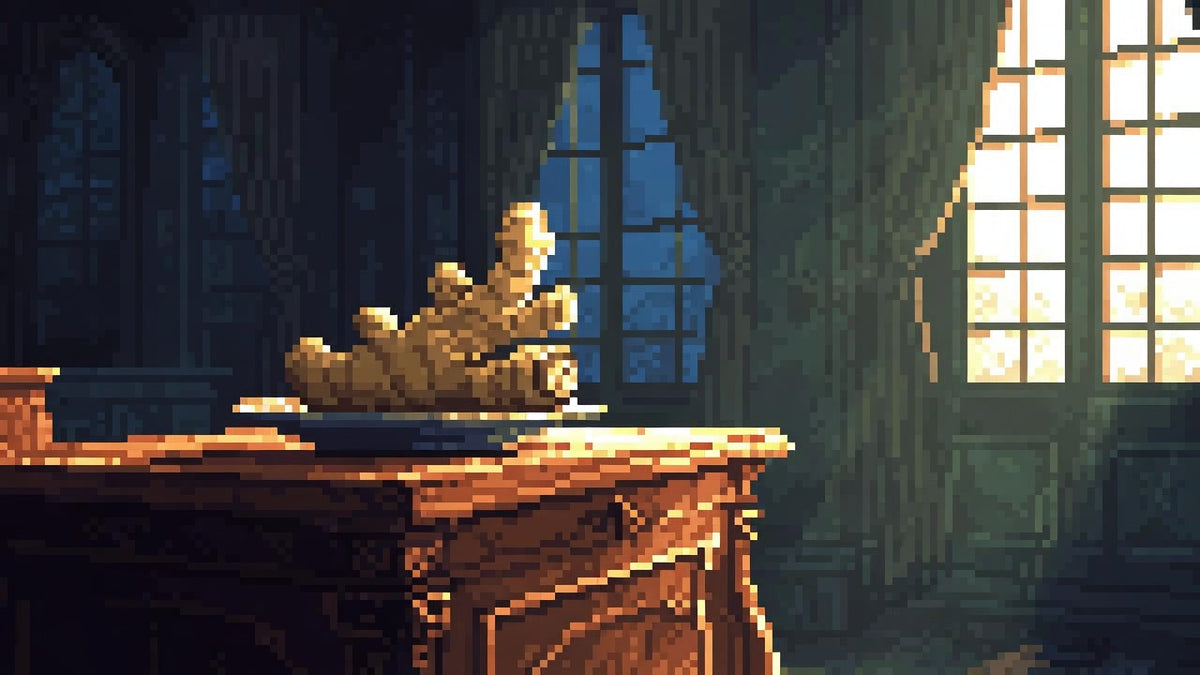 A fresh ginger root on a parlor sideboard plate by tall garden windows.