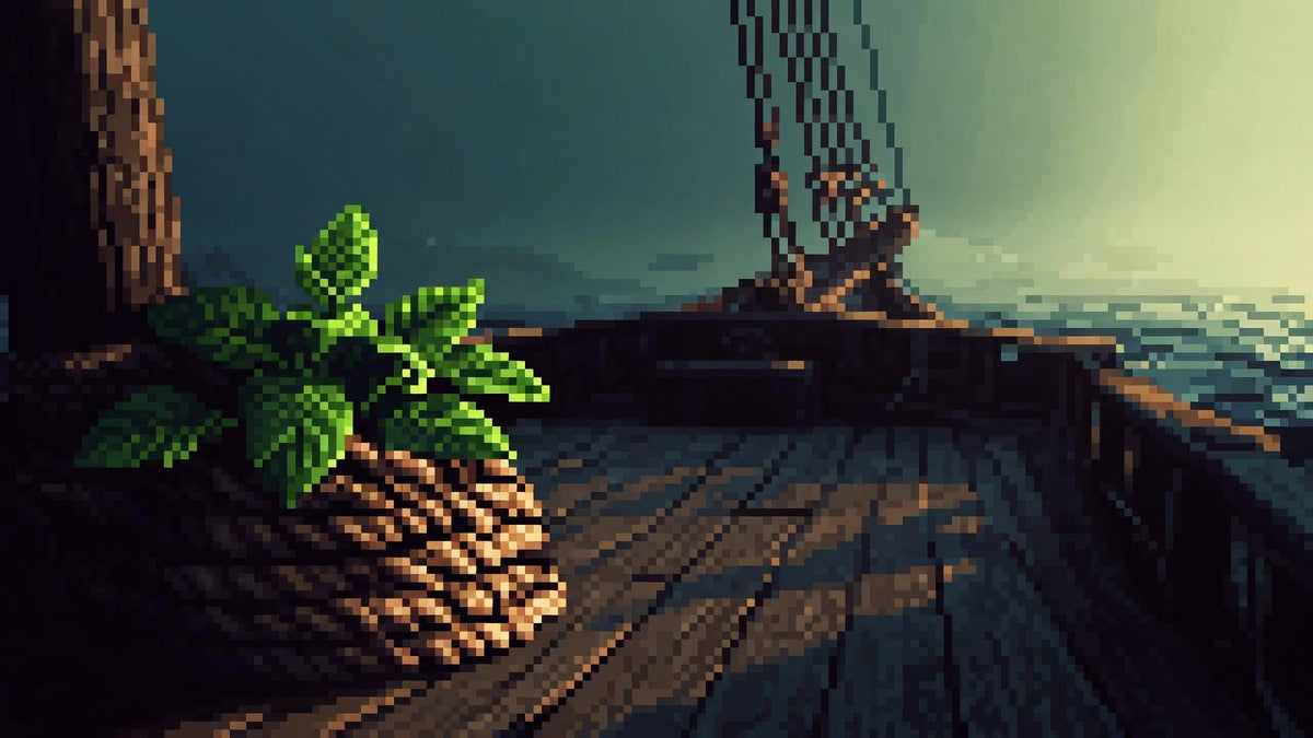 Fresh spearmint leaves on a wooden galleon deck coil of rope in cool morning light.