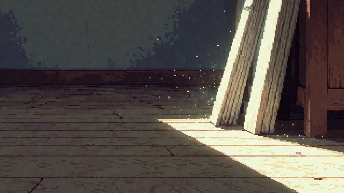 Clean cedar lumber planks stacked near a wardrobe frame on a dry parlor wood floor in hard daylight.