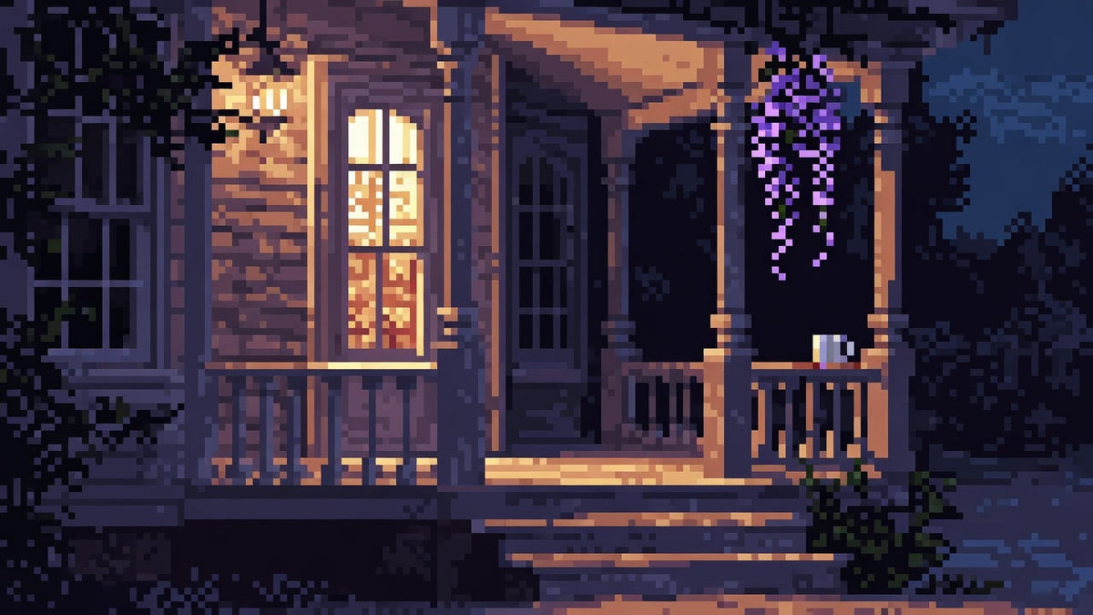 Soft violet blossoms on a night porch rail under warm lamp light with cool dark beyond the steps.