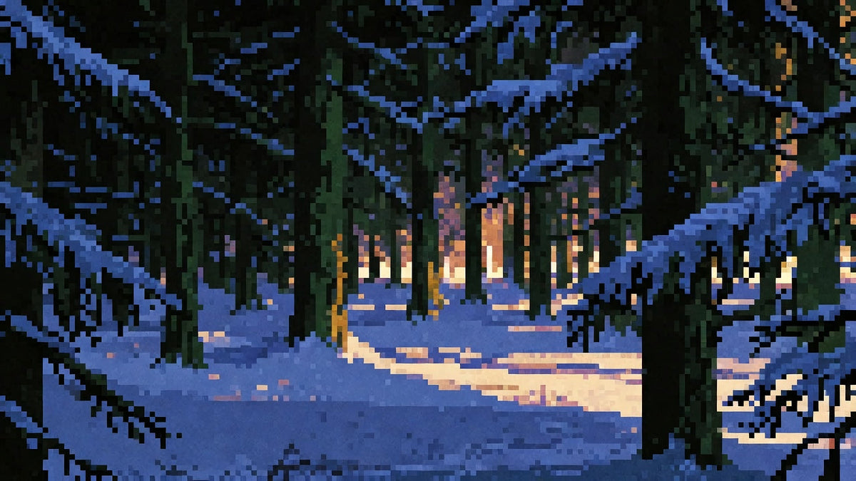 Frosted fir trunks and needle clusters in a snow forest at dusk with warm hall glow beyond the trees.