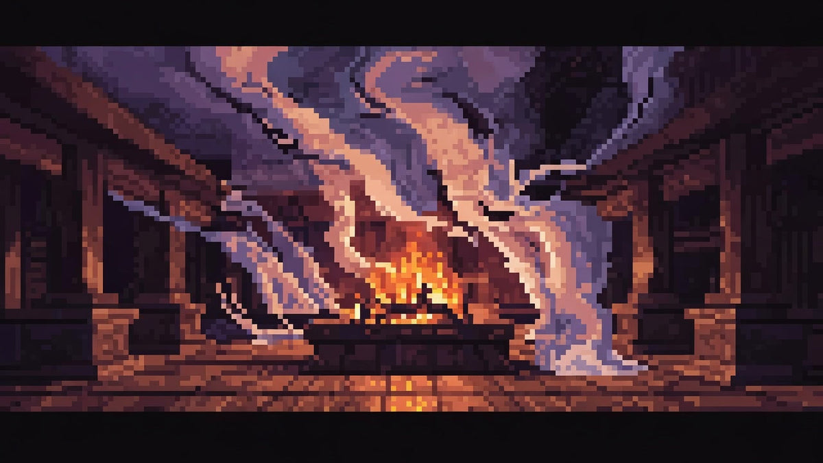 Warm timber hall interior with amber firelight and soft honeyed incense haze in the rafters.