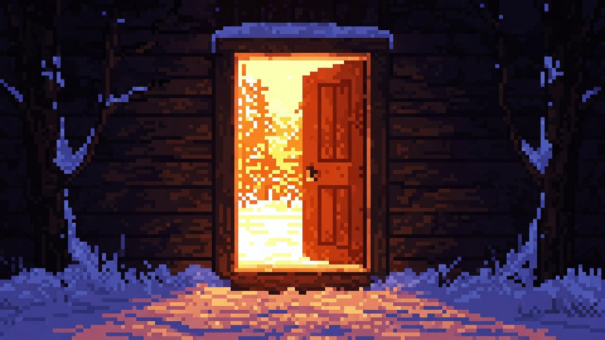 Timber doorway between cold winter air and a warm hall with dark spice berries on a side shelf.