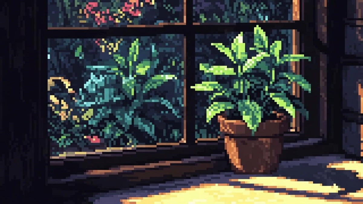 Garden window sill with cool green mint leaves in warm parlor light.