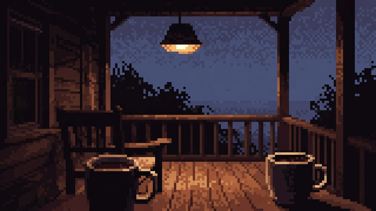 Empty late porch with warm lamp light, two cups, and cool dawn beyond the rail.