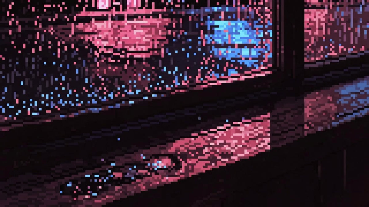 Rainy neon windowsill with dark wet wood grain and cool street light.