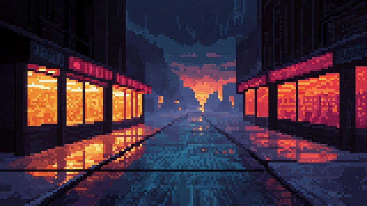Wet neon street at dusk with rain sheen on concrete and warm glow on empty windows.