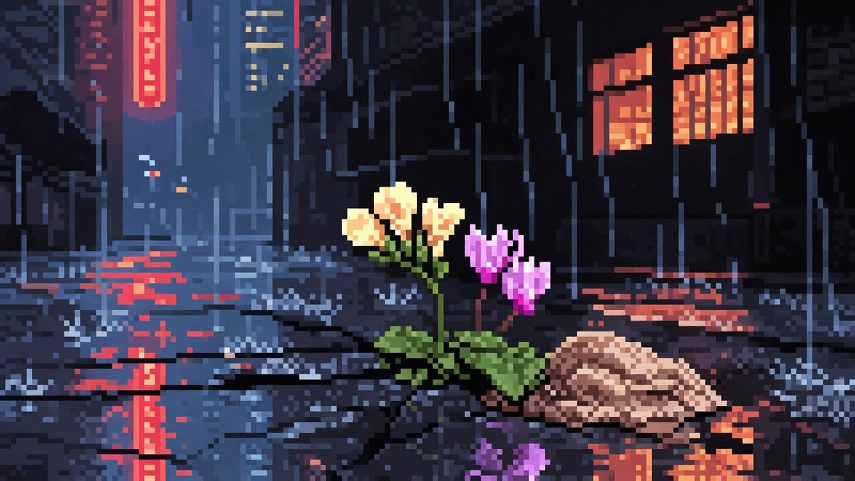 Rainy neon street crack with pale flowers and damp fungus on wet concrete.