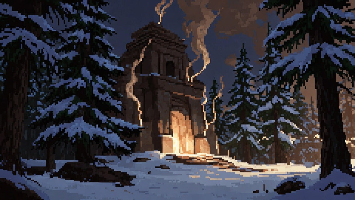 Stone temple among snowy pines with frankincense smoke rising into cold dusk air.