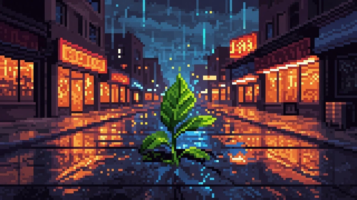 Wet neon street with a green leaf in a rain-filled pavement crack under cool rain and warm neon.