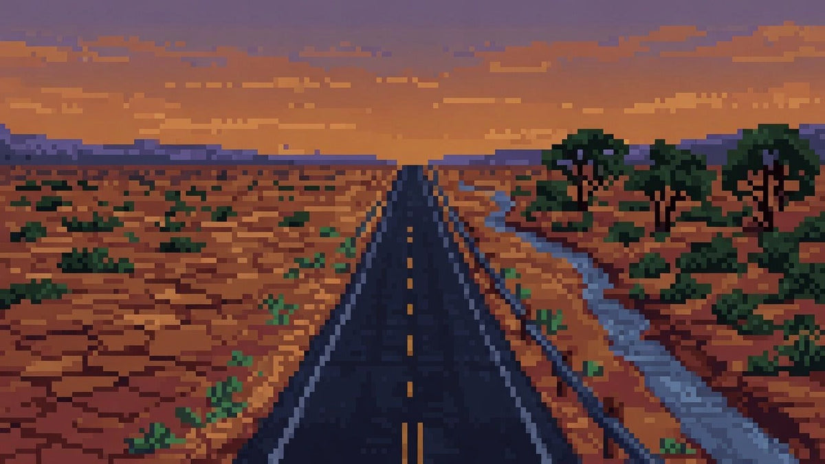 Desert highway at dusk with cracked earth, heat shimmer, and resin-dark wood grain under amber-to-violet sky.