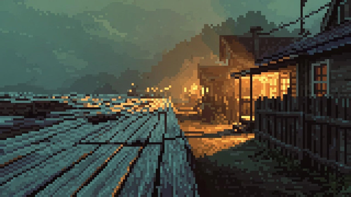 Coast deck boards meeting a lived-in Saturday night street and cabin edge under dual cool and warm light.