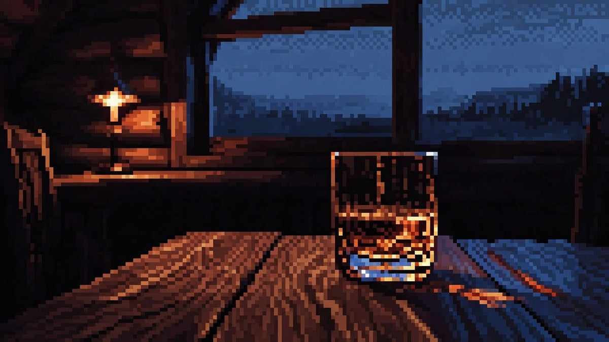 Warm cabin table with a short whiskey glass and dark resinous wood under dual lamp and cool window light.