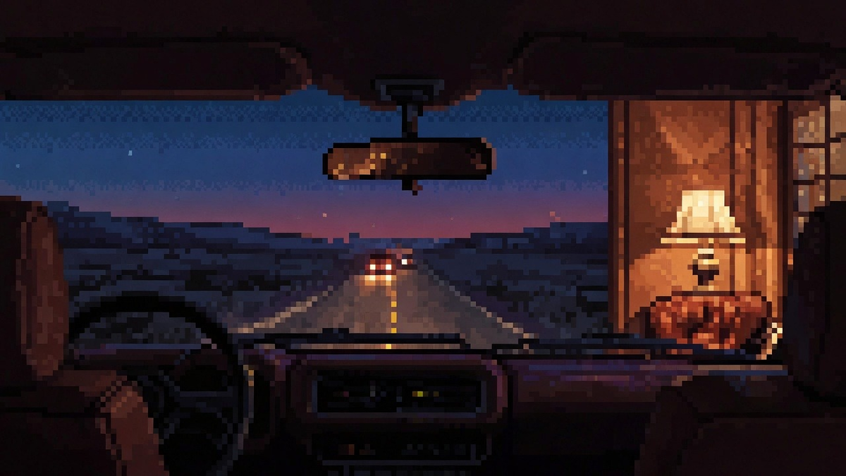 Night desert highway ending at a lit parlor house under dual road heat and warm lamp light.