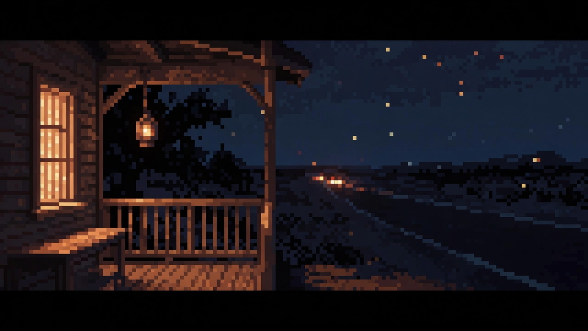 Lived-in porch edge meeting a desert highway under dual warm porch light and open sky.