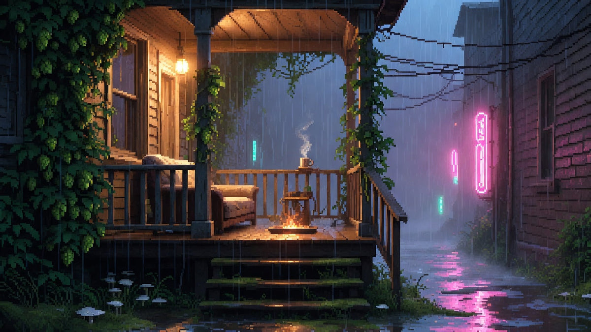 A rain-soaked back porch at night where a warm bulb, a steaming coffee mug, and hop vines meet mossy steps and pink and teal neon reflected in alley puddles.