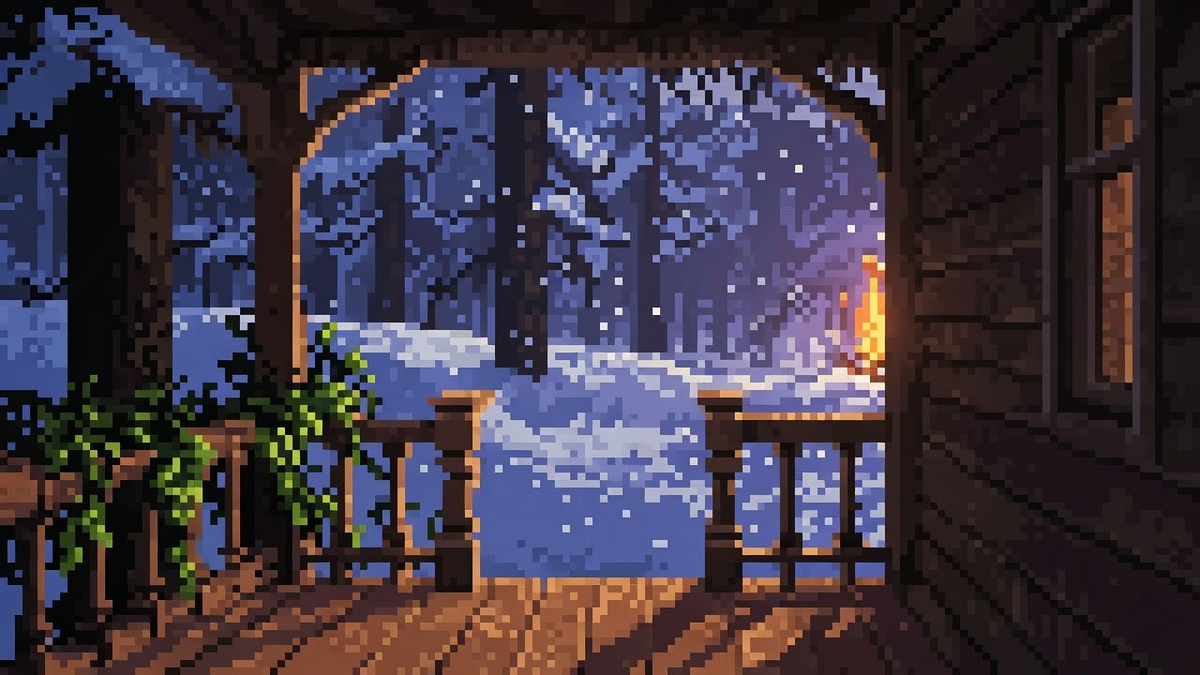 Late porch with hop vines melting into a snowy pine hall under dual warm lamp and cool snow light.