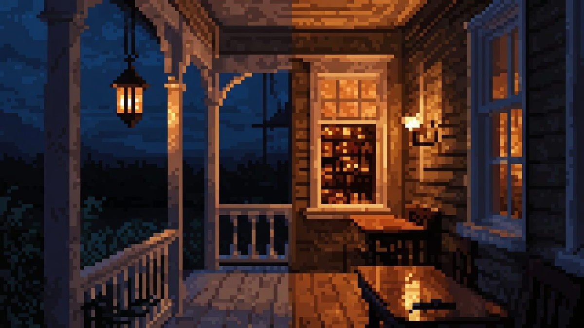Night porch melting into a warm lit parlor under dual cool porch night and amber lamp polish.
