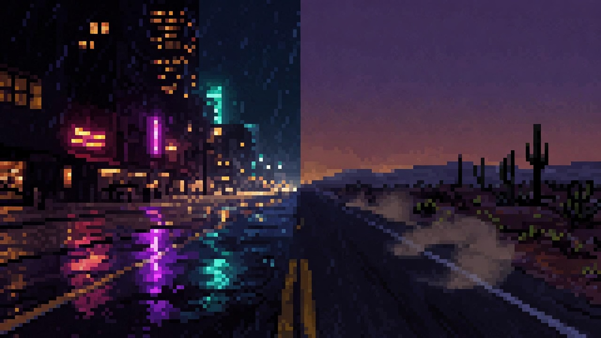 Wet neon rain street opening onto a dry night desert blacktop under dual cool neon and road heat.