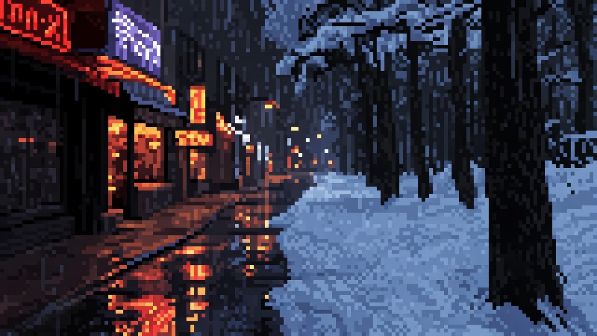 Wet neon rain street opening into snow pines under dual cool streetlight and cold winter light.