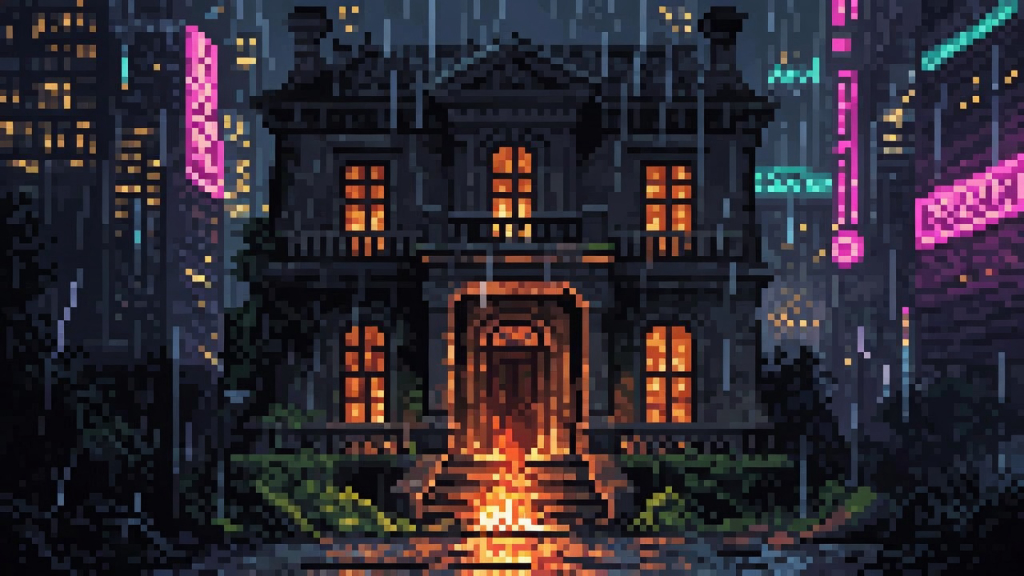 A rain-soaked future street with a Gilded Age stone mansion among dark glass towers; pink and teal neon mix with warm amber firelight on wet cobbles and mossy steps.