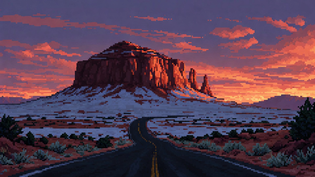 A snow-dusted high-desert mesa at dusk with a wet two-lane highway winding past red rock, sage, and snow-heavy firs under violet and ember skies.