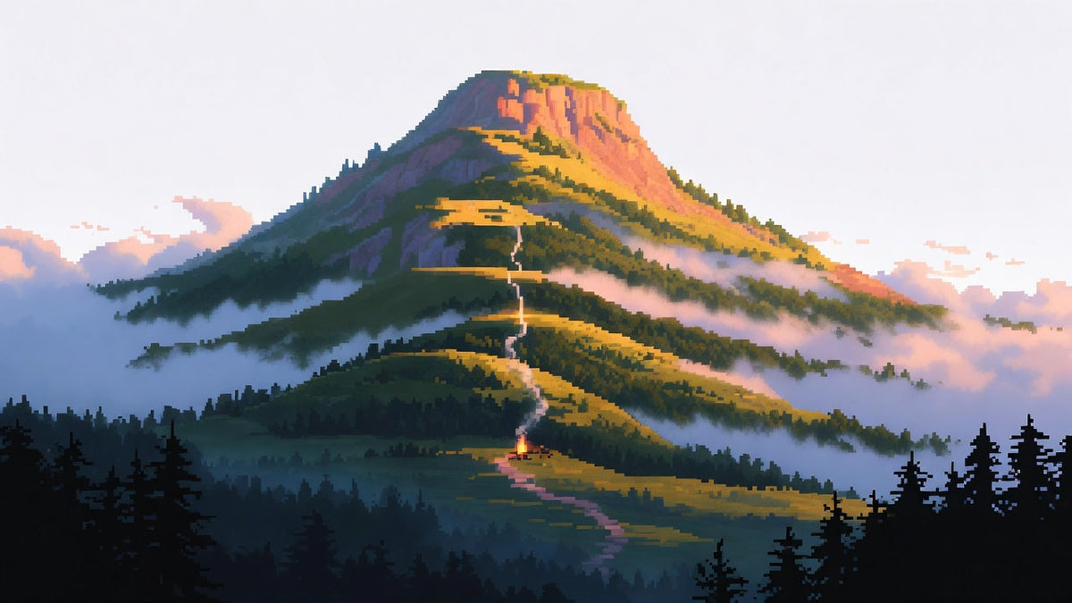 A pyramid-shaped mountain at sunrise with citrus trees glowing on its bright summit, wildflower meadows on its middle slopes, and a dark fir and cedar forest with a smoking campfire at its base.