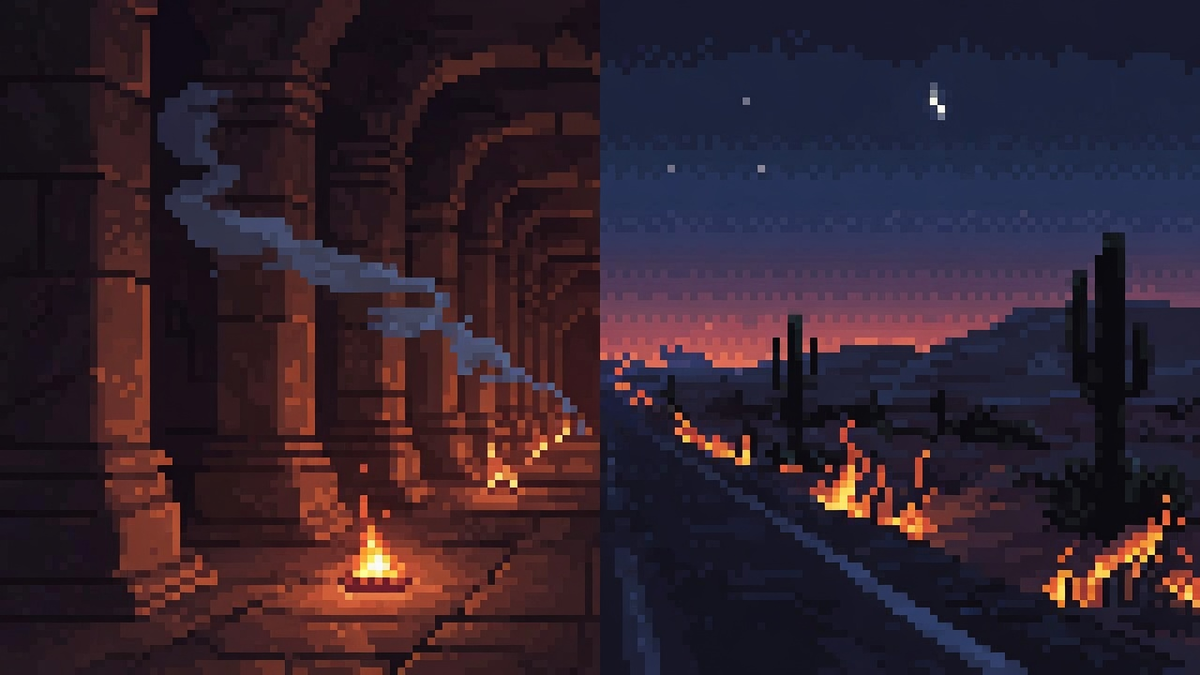 Dark temple chamber smoke meeting a night desert highway under dual warm lamp and cool road light.
