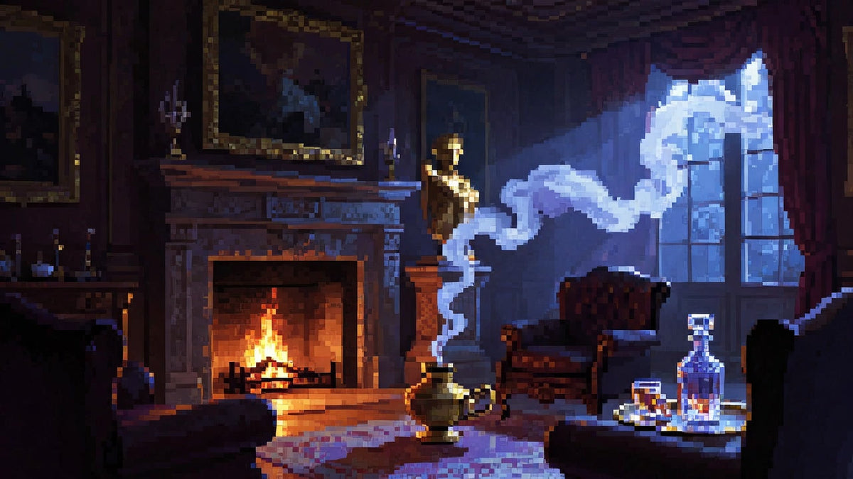 A firelit parlor with a stone fireplace and a leather armchair where incense smoke from a brass censer curls past a golden bust toward a moonlit window.