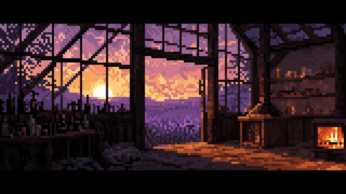 A sunlit timber barn workshop opening into a glass greenhouse at golden hour, with dusty amber light, flower pots on weathered shelves, and tobacco leaves hanging from the rafters.