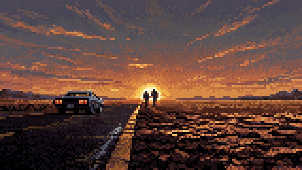 A man and a woman standing on cracked desert earth beside a highway at sunset.