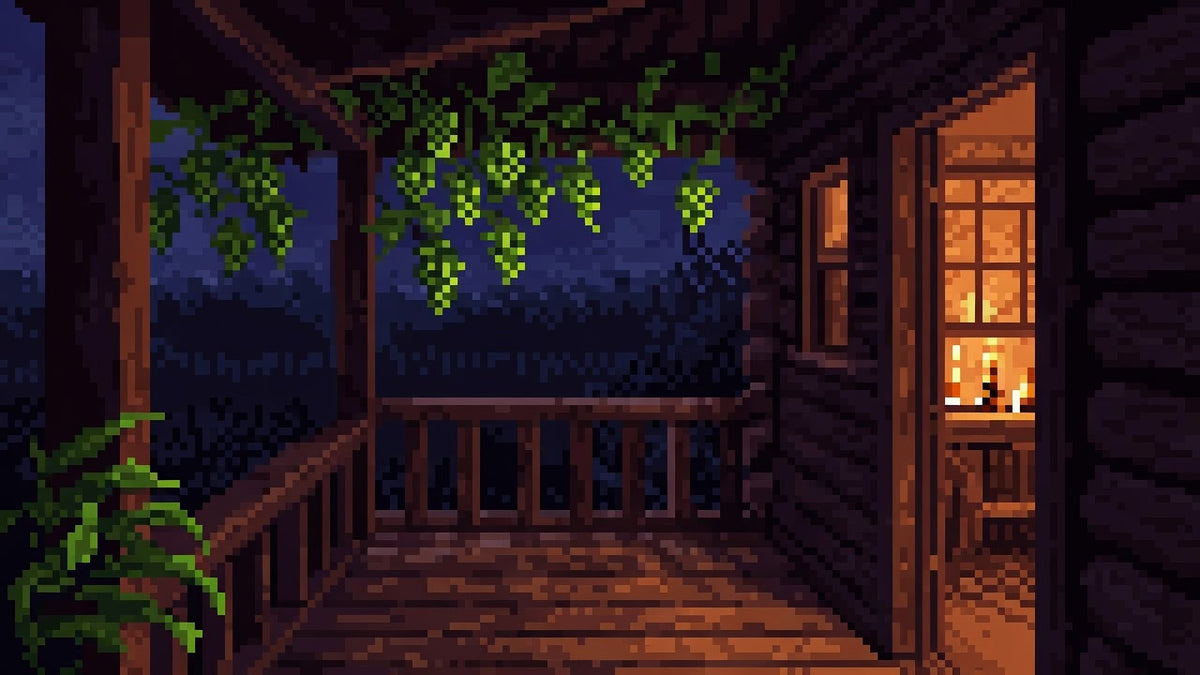 A night cabin porch opening into warm whiskey-and-cigar lamplight with hops and tobacco air outside.