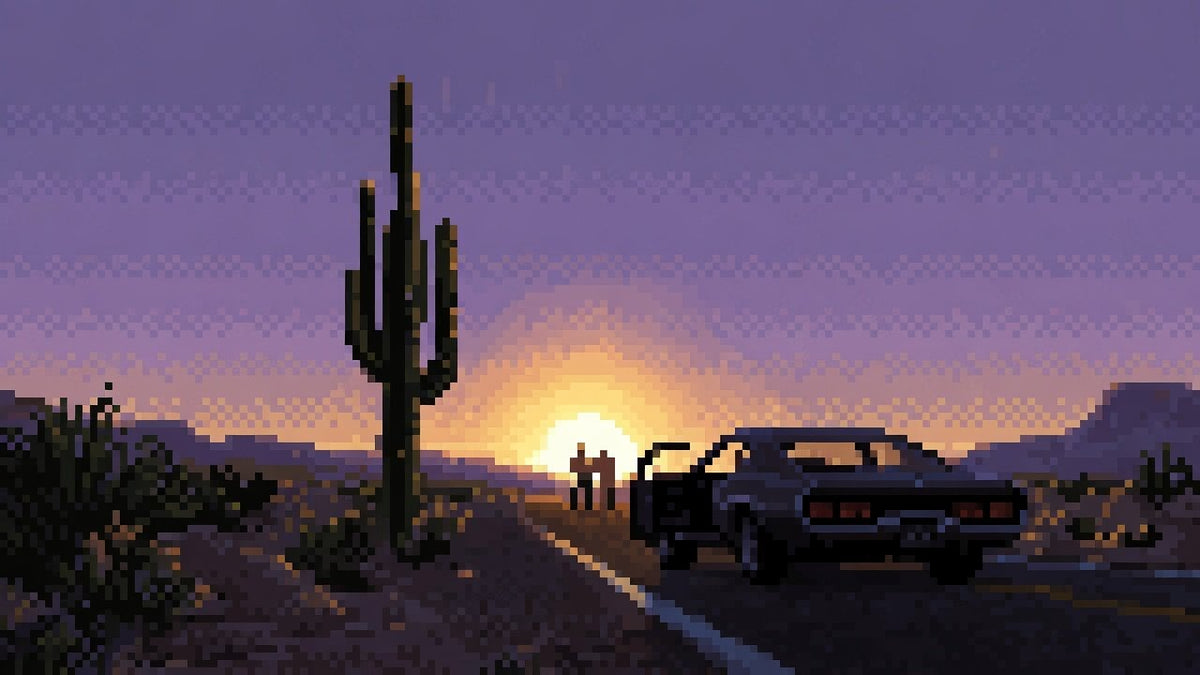 A man and a woman by a muscle car on a desert highway near a blooming cactus at sunset.
