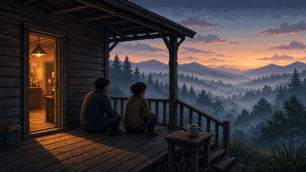 Late-night porch at first light, unmarked cup, man and woman equals, warm kitchen lamp vs cool dawn.