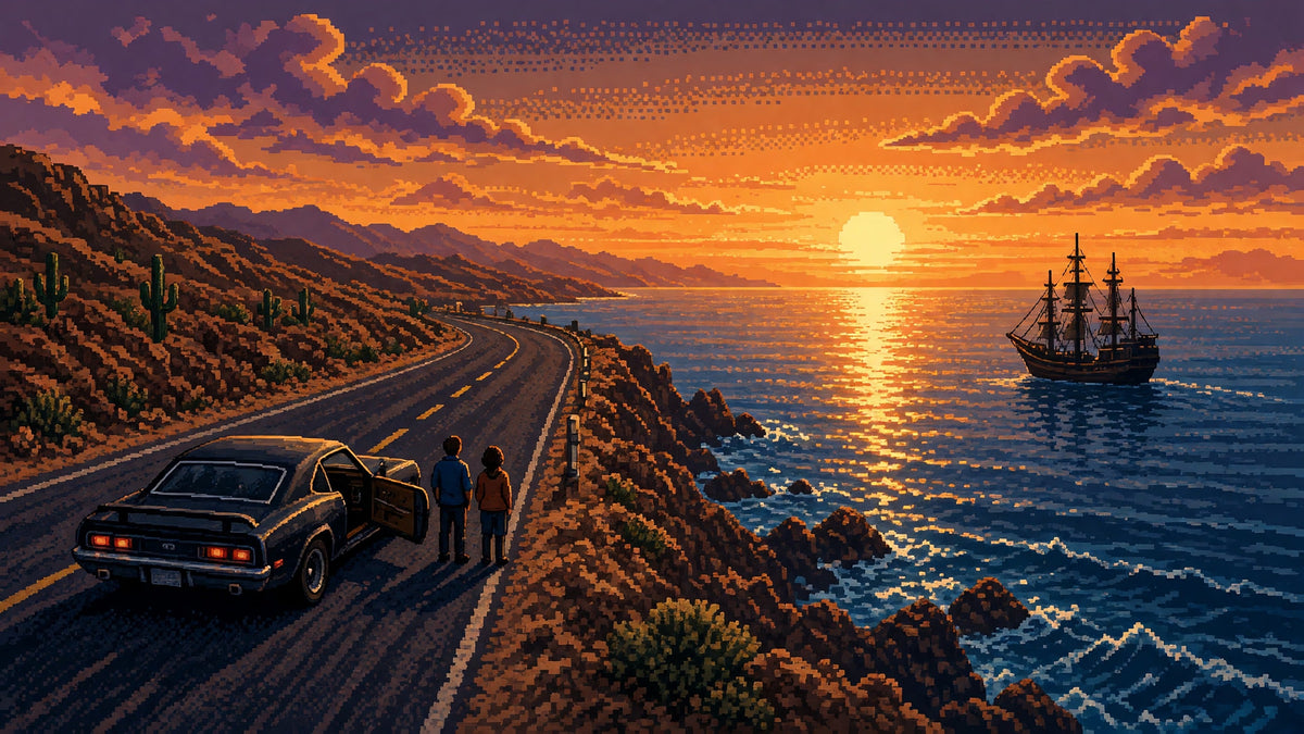 Desert highway along a coastline at sunset, muscle car on blacktop and ship on water, couple equals by the open car door.