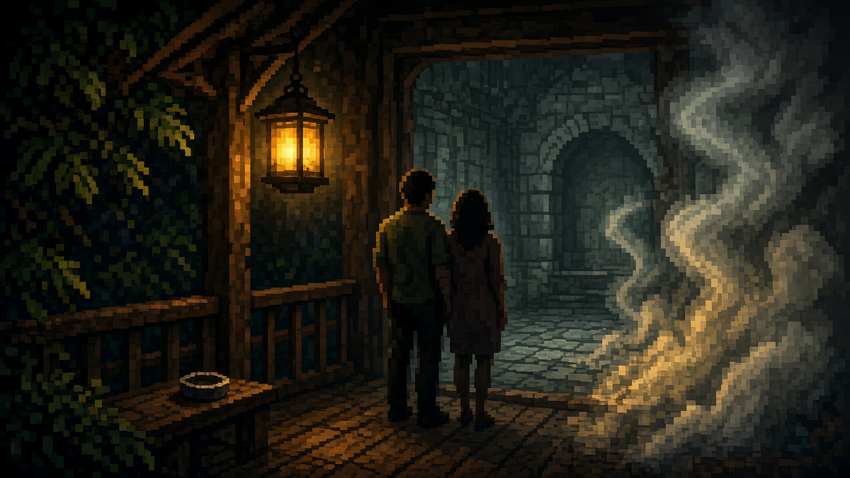 Man and woman on a night porch looking into a stone chamber, lantern and smoke.