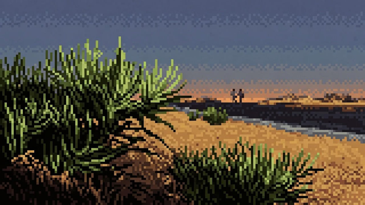 Two people walking a desert roadside past sharp green scrub at dusk.