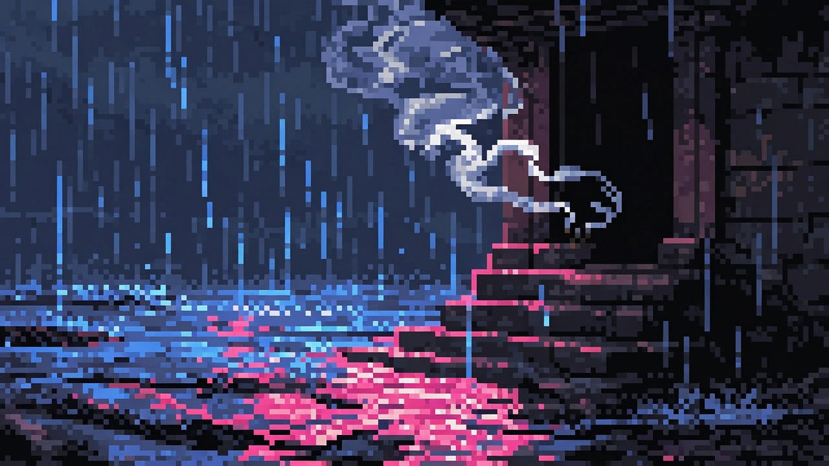 A rainy neon street that leads into a stone temple doorway with incense smoke.