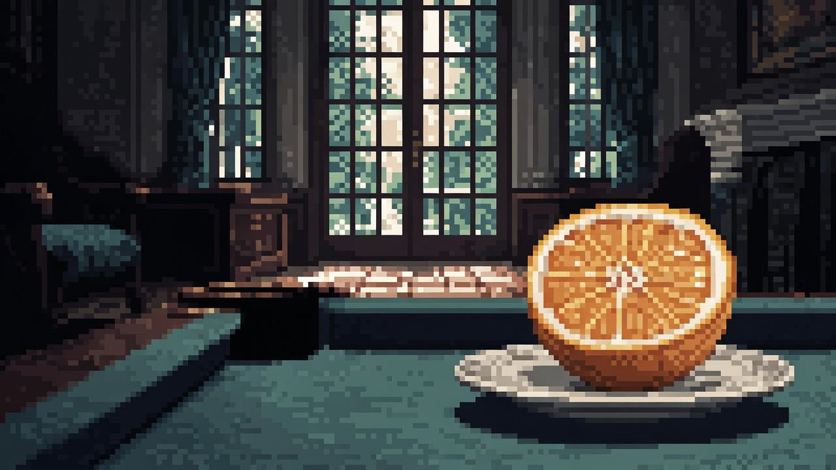 A sunlit parlor with garden windows and a halved grapefruit on a side plate.