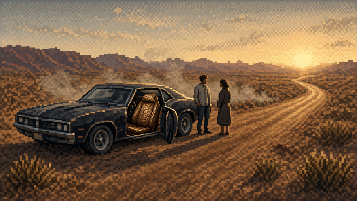 Desert highway at sunset, vintage car door open on a worn leather seat, man and woman small beside the car.